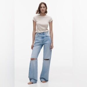 Zara TRF High Rise Wide Leg Ripped Jeans - Light blue